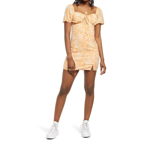BP Ditsy Floral Tie Front Minidress In Yellow Crosshatch Meadow Orange Small - Picture 1 of 9